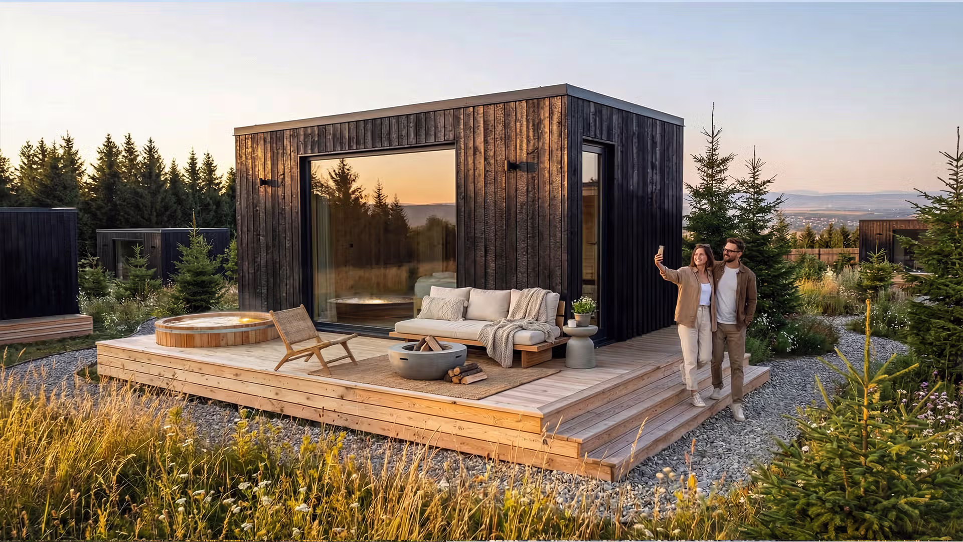 Nest cabin exterior at dusk